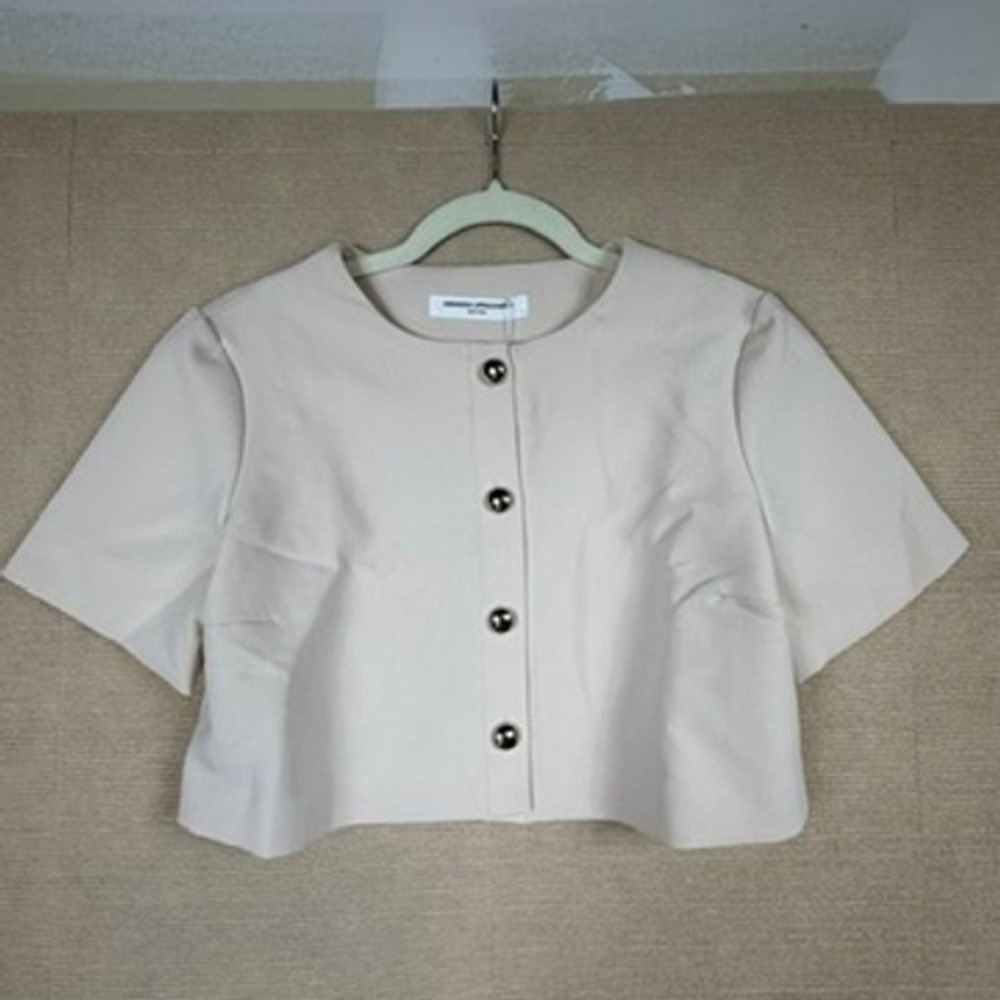 Amanda Uprichard Women Bone Beige Cropped Short Sleeve Button Front Top Small